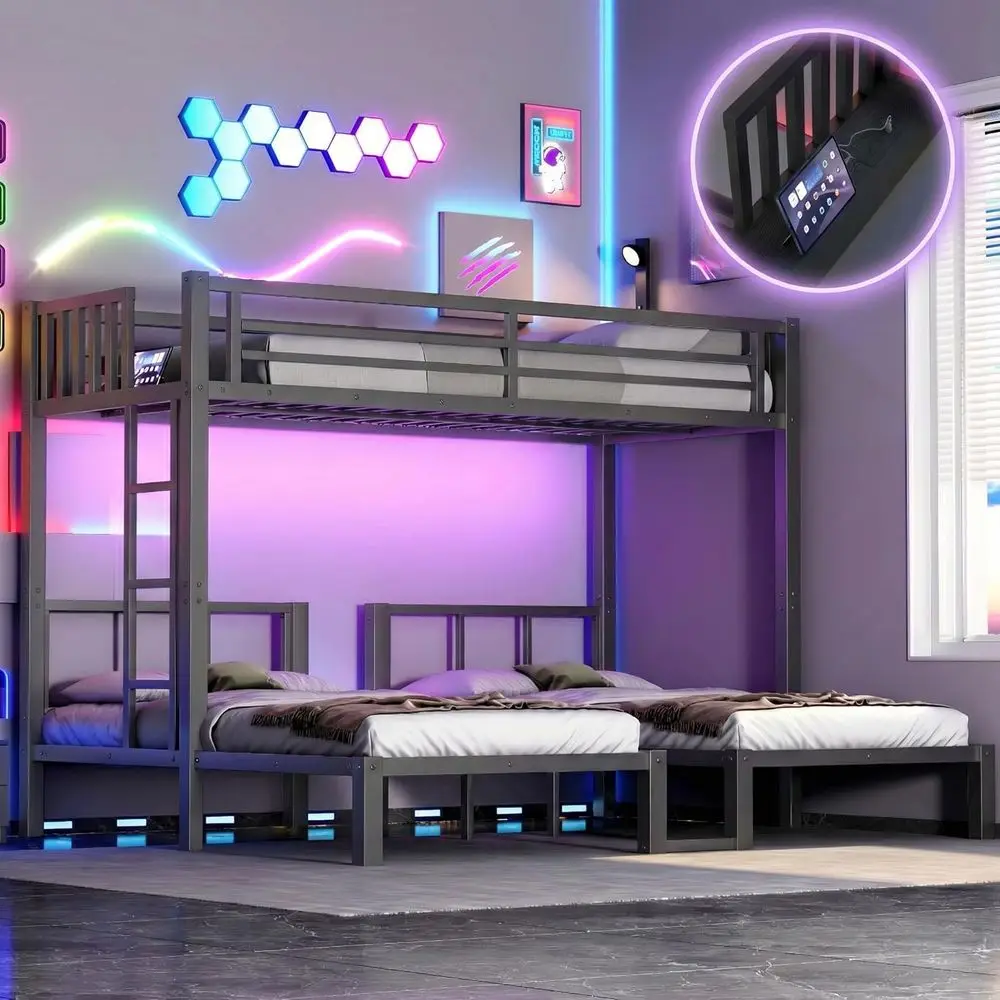 Twin XL Over Twin Over Twin Convertible Bunk Bed with LED,Metal Triple Bunk Bed or 3 Kids with Charge Station and Guardrails and view 6