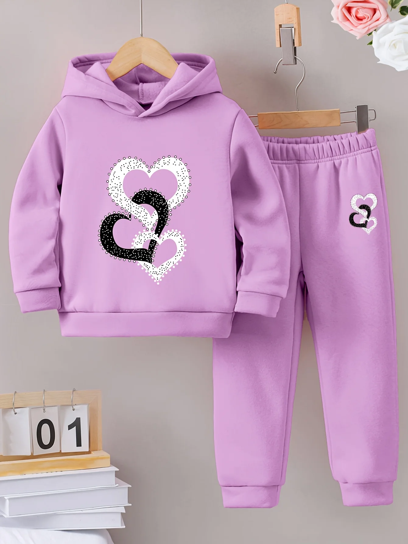 2set Autumn and winter new casual comfort sports style warm girls printed warm lining hoodie and tracksuit pants