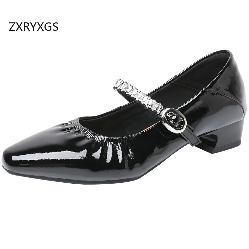 ZXRYXGS Temperament Versatile Pointed Tip Sheepskin Patent Leather Shoes Thick Low Heels 2026 Autumn Single Women Trendy Shoes