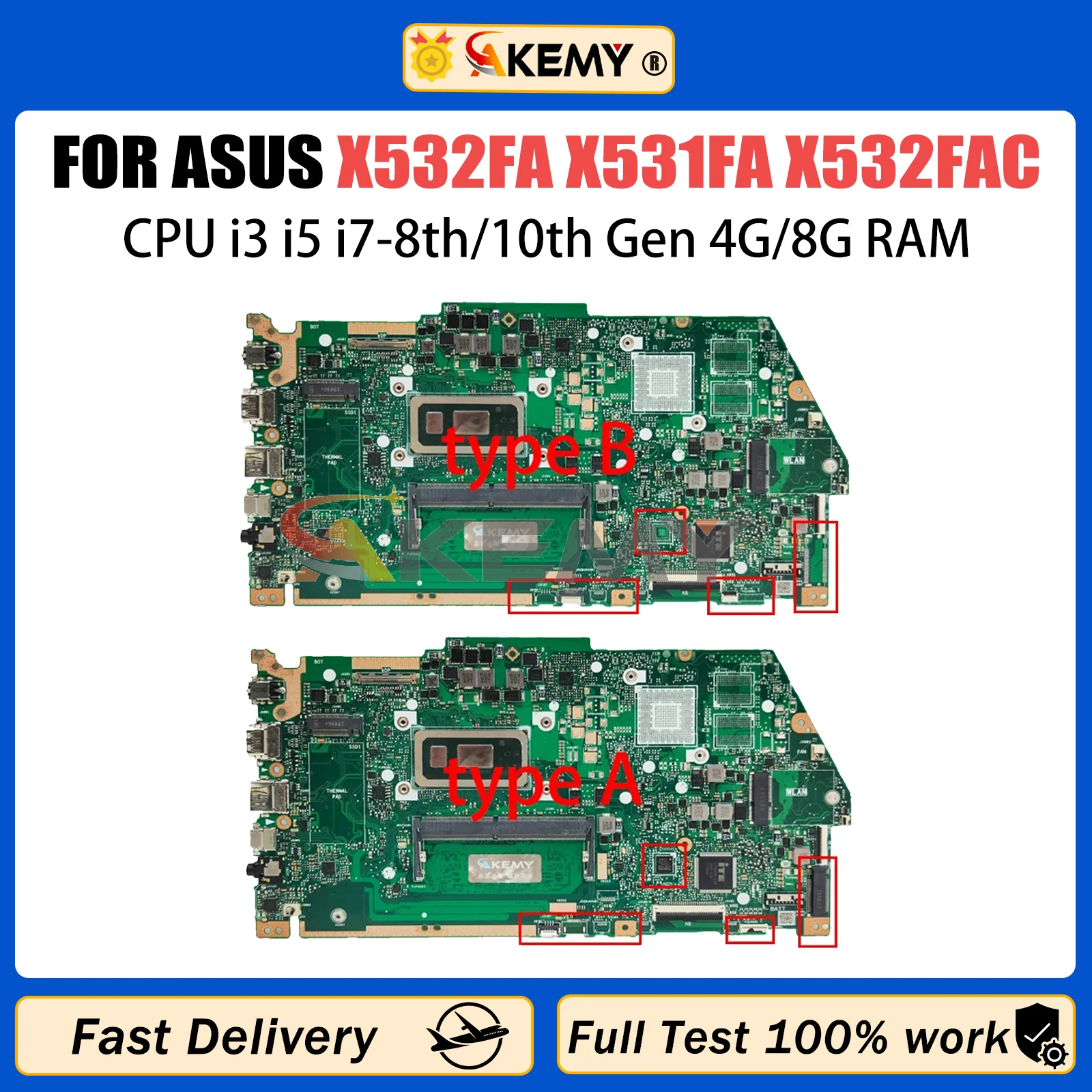 

AKEMY X532FA Mainboard For Asus X531FA X532FAC X532FLC X532F X531F S531F Laptop Motherboard With i3 i5 i7 8th/10th CPU 4G/8G RAM