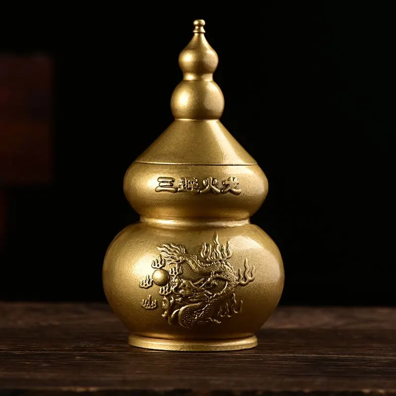 Brass Dragon Embossed Gourd Statue Bi Huo Feng Shui Cure Wealth Attracting Kitchen Northwest Protection Home Decor Figurine