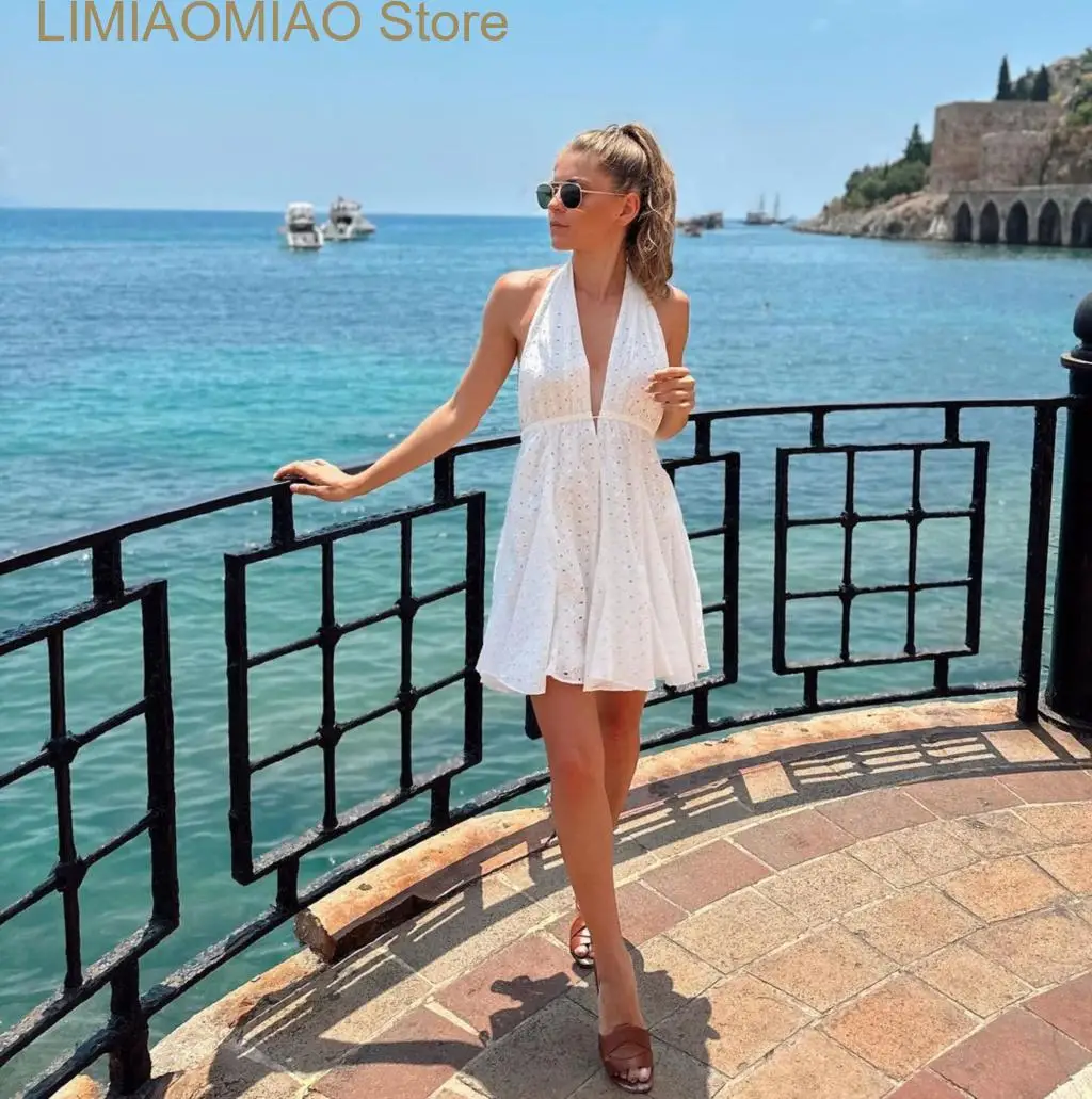 

New Summer Embroidery Mini Dress For Women Elegant V-Neck Sleeveless Short Dresses Female Summer Backless Beach Dress