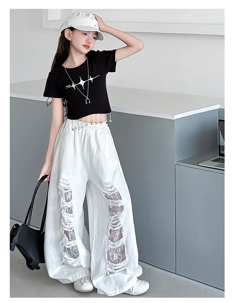 Neues Modisches Street-Style Kinder Hip-Hop-Bekleidungsset für Mädchen, Hiphop-Oberteil und -Hose, Kinder-Tanz-, Rap-, Jazz-Outfit mit T-Shirt und Hose – Detail 2