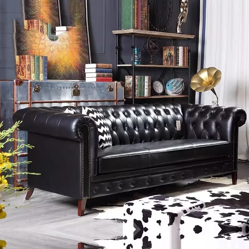 

American leather sofa retro pull button straight row oil wax first layer cowhide three-person combination villa Italian style