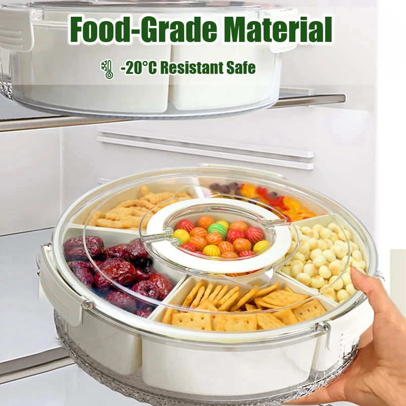 Six-Grid Rotating Snack Box Container With Handle Kitchen Sealed Spice Storage Box Transparent Dried Fruit Snack Tray