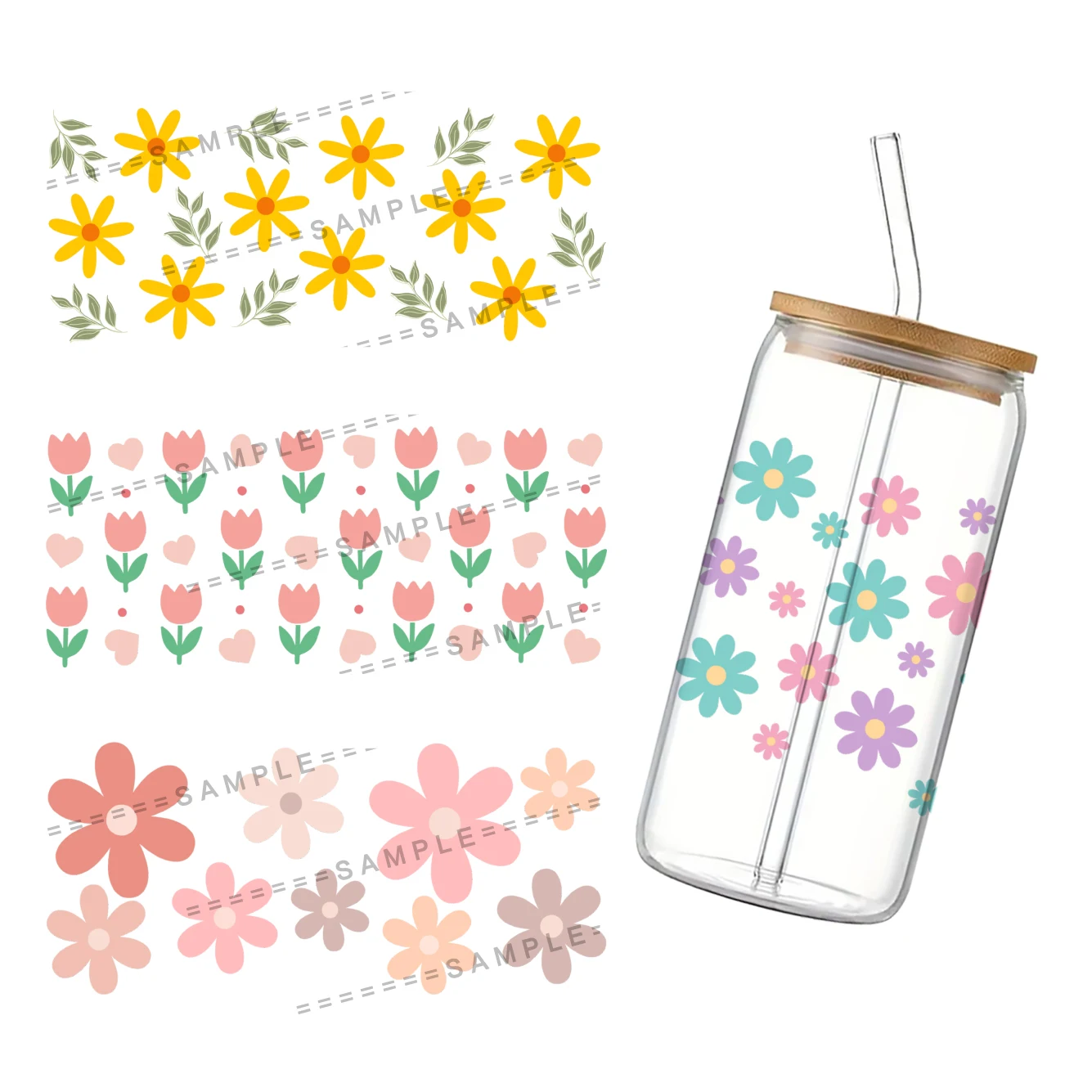 Colorful Flowers UV DTF Cup Wrap for 16Oz Libbey Glass Can DIY Transfer Sticker