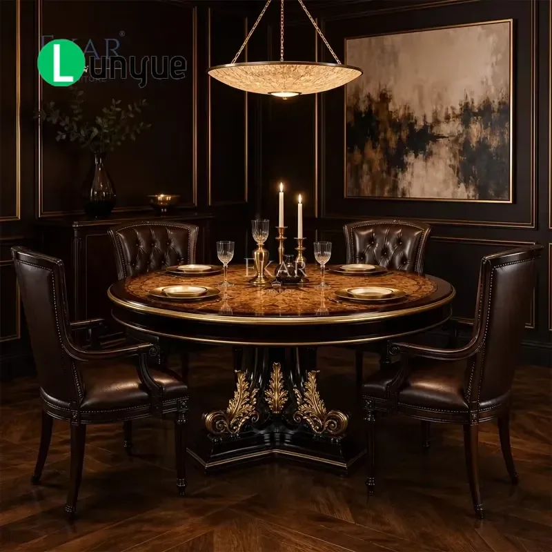 Round Dining Table French Classical Style Wood Grain Inlaid Pedestal Base Chateau Compass Rose Design Elegant Home Furniture