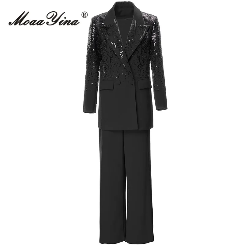 

MoaaYina Spring Fashion Designer Black Vintage Slim Pant Set Women's Lapel Sequins Slim Suit Coat+Straight Trousers 2 Pieces Set