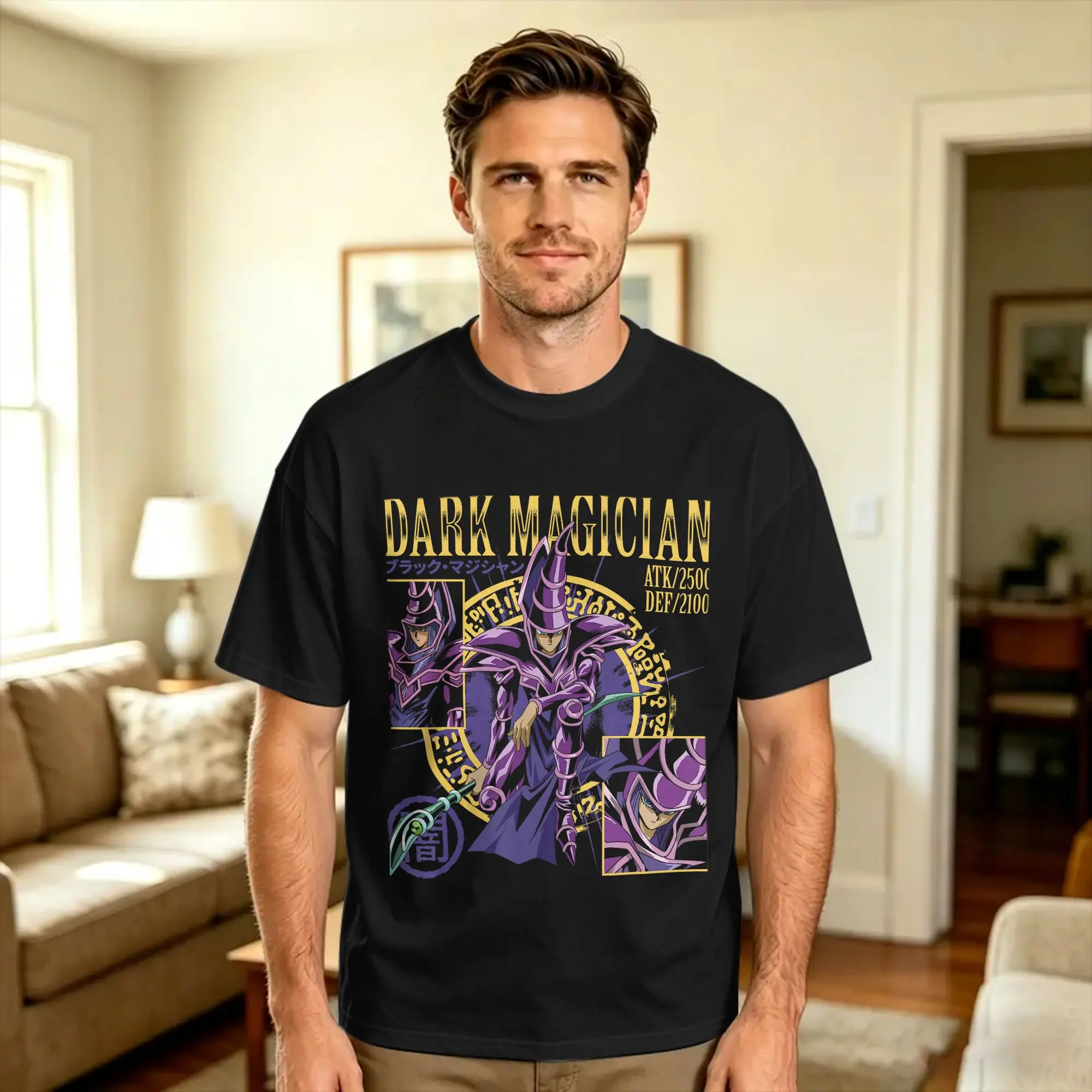 YGO Dark Magician Collage and Stats Card Game Anime T Shirt Summer  Cotton T-Shirts For Men Casual Tshirt Short Sleeve Clothes
