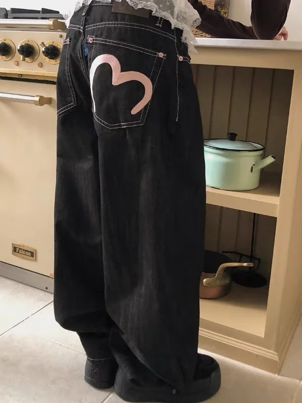 Calças Jeans Casuais de Cintura Alta com Bordado de Coração Rosa Longo East Gate Moda Fena para a Temporada de Outono