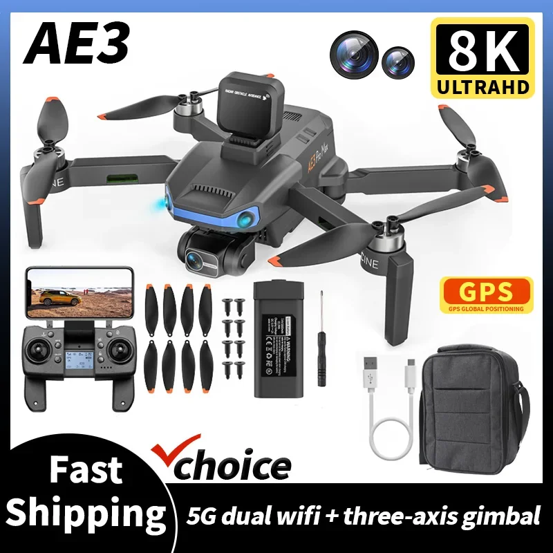 Ae3 5G Drone Gps 8K Hd Dual Camera 3-As Groothoek Cardanische Anti-Shake Radar Obstakel Vermijden Borstelloze Wifi Slimme Drone