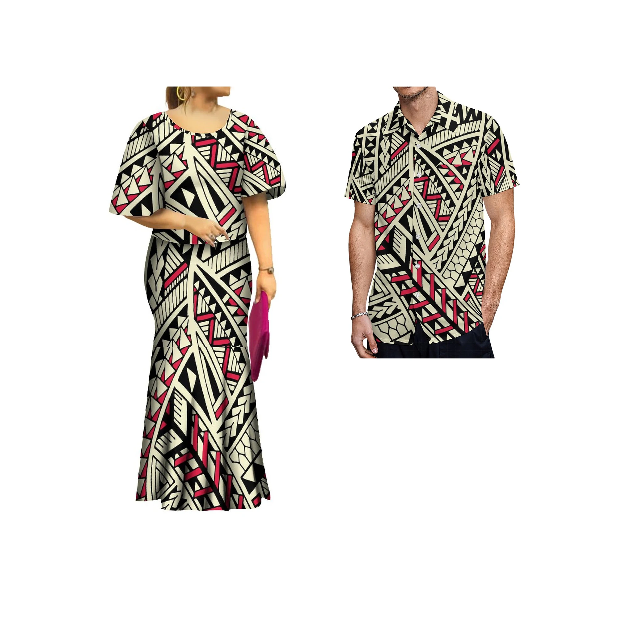 2023 New Samoan Puletasi Set Print Bat Sleeve Tops Long Fishtail Skirt Two Piece Set Dress Polynesian Womens Clothing Match Mens