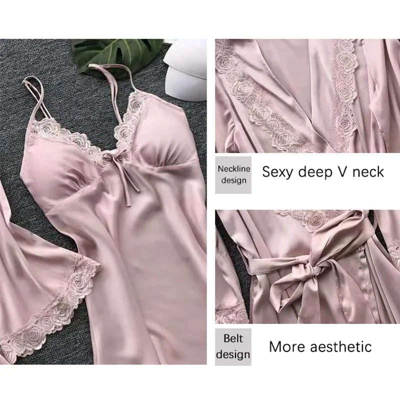 2pcs Woman Sexy Pajamas Sleepwear Lace Robe And Pants Lingerie Bathrobe Silk Satin Home Clothed Nightwear For Ladies