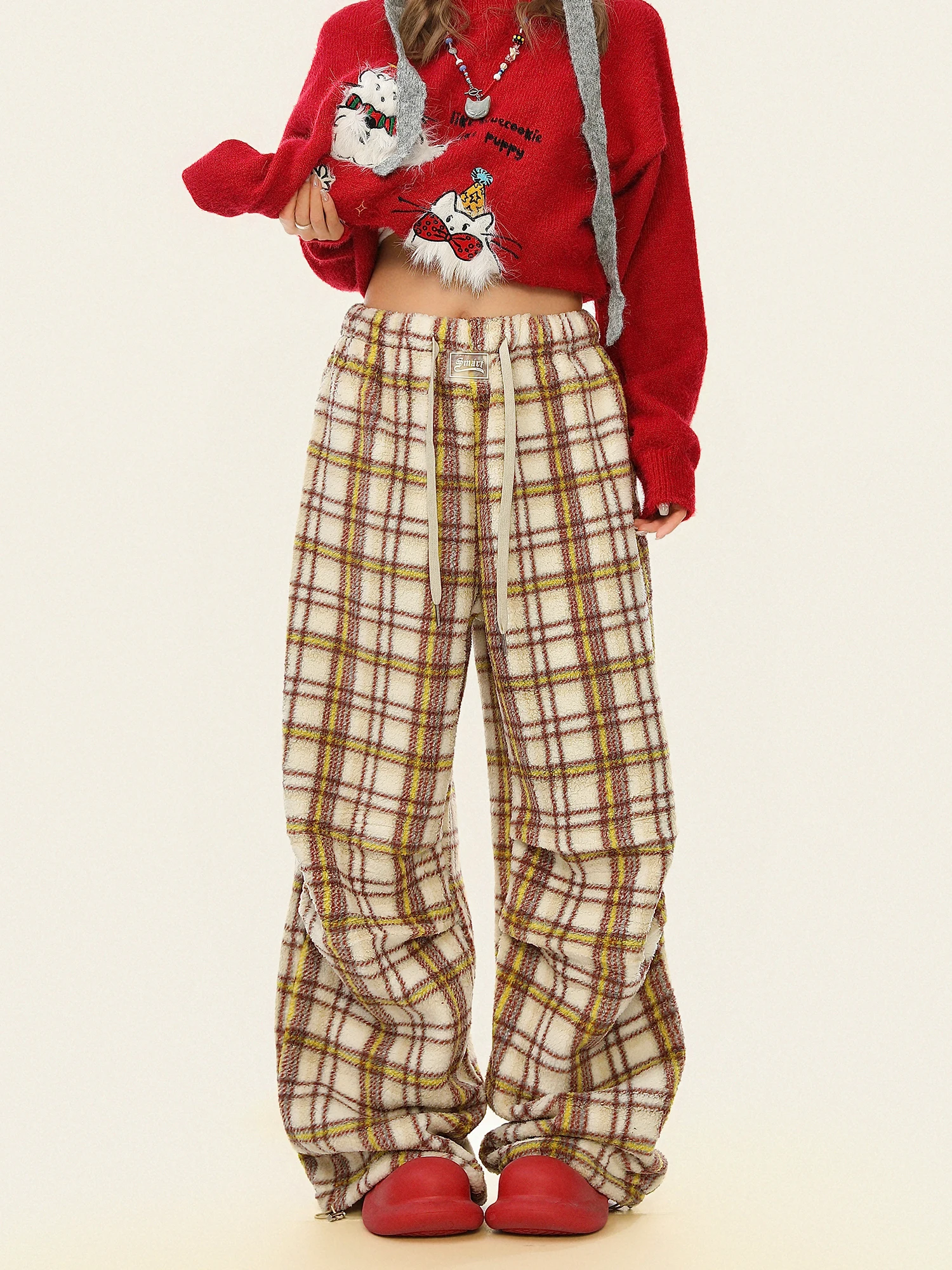 

Loose Casual Plaid Wide Leg Pants Women Winter Thi Sle Versatile Straight Casual Trousers American Design Simple Sle