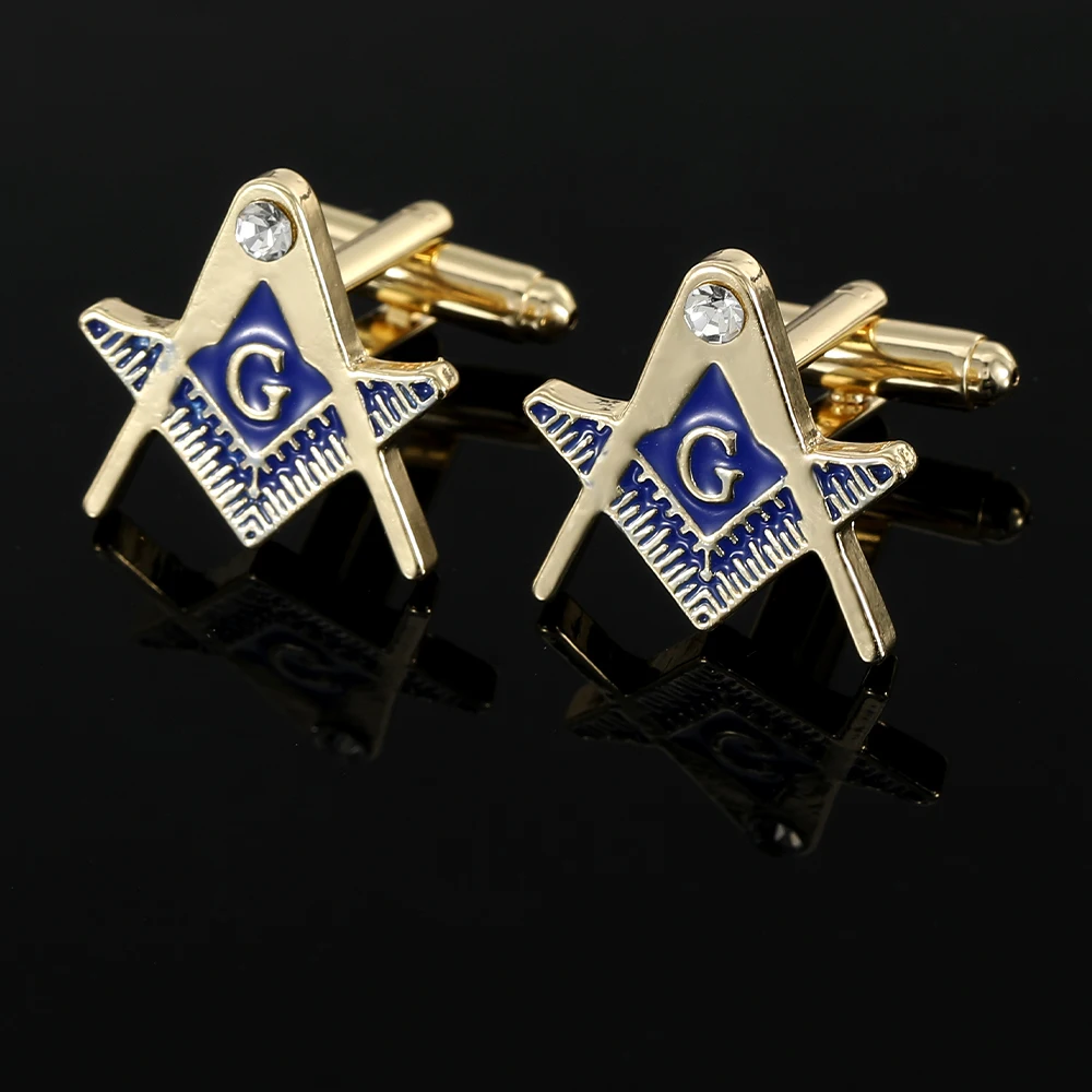 Blue Masonic Mason Compasses Crystal Cufflinks Freemason Tie Clip For Men Suit Shirt Jewelry