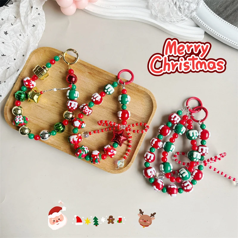 Cartoon Christmas Phone Lanyard Xmas Beaded Chain Mobile Phone Chain Pendant Anti Lost Wristband Cellphone Strap Keychain