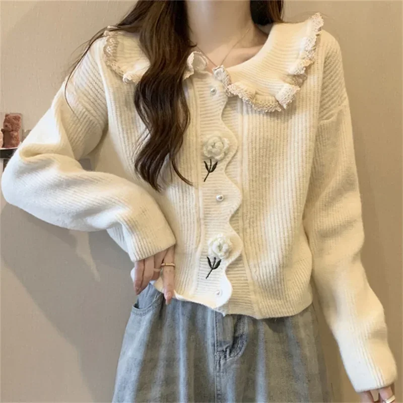

Women Sweater Autumn Edition New Style Versatile Cardigan Embroidery Top Ruffle Peter Pan Collar Sweet Knitted Tops JJ188