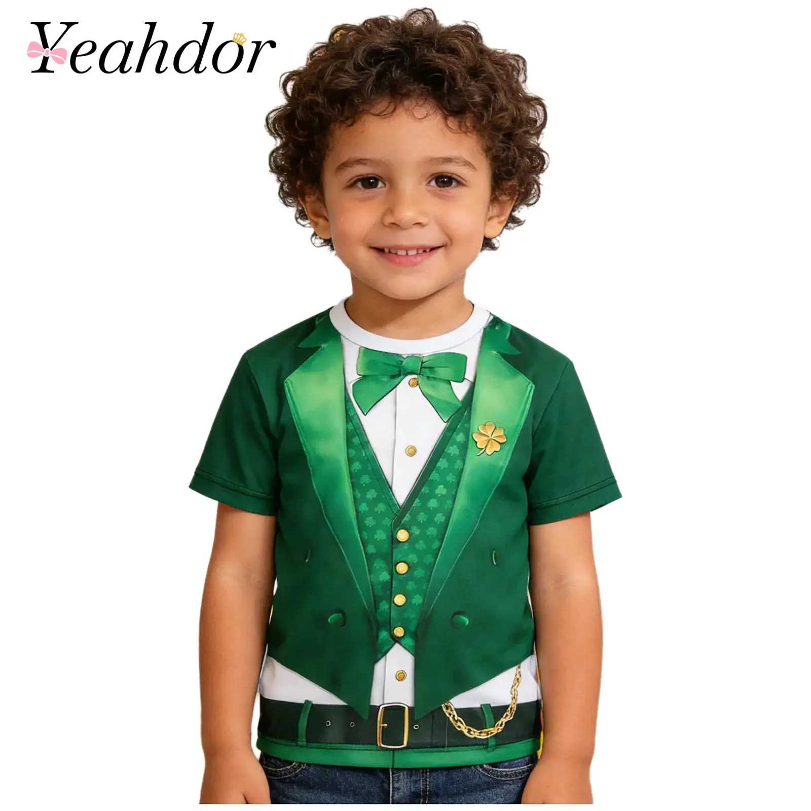 Kids Boys Fake 2-piece Style St Patricks Day Shirt 3D Print Round Neck Short Sleeve Pullover Shirt Top for Festival Party Stage