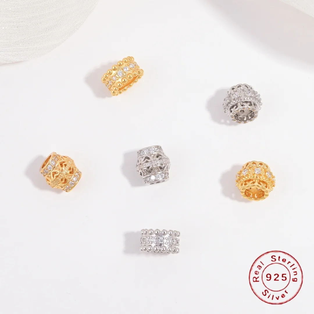 

S925 Sterling Silver Inlaid Zircon Hollow Barrel Beads And Round Beads For DIY Bracelet And Necklace Beading Accessories SZ210