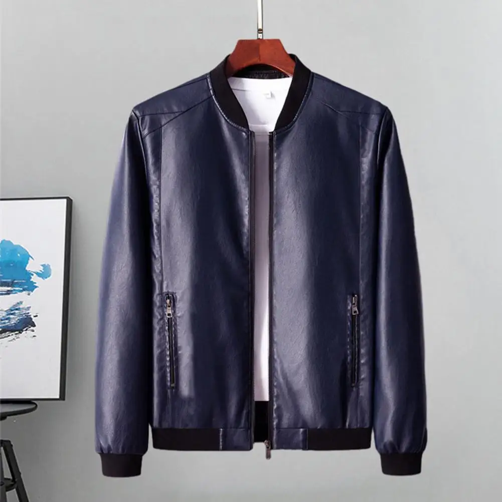 

Men's Faux PU Leather Jacket Fashion Baseball Collar Jackets Solid Motorcycle Leather Jacket Man Motorcycle Jacket Men Biker