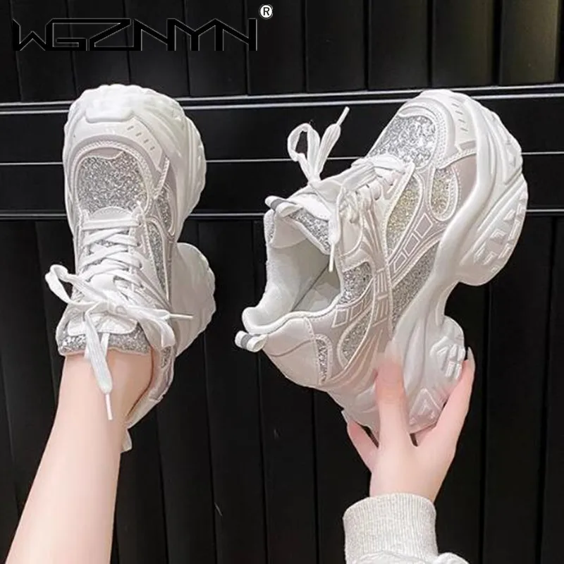 Designer Thick Bottom Bling Leather Chunky Sneakers Breathable Sport Ankle Boots Women 10.5CM Comfy Heels Autumn Vulcanize Shoes