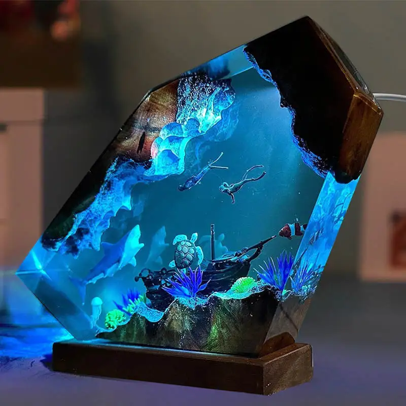 Seabed Work Diving Resin Statue Lamp Miniature Figurine Deep Sea Diver Figures Shark Turtle Table Luxury Decor Glow at Light - Image 4