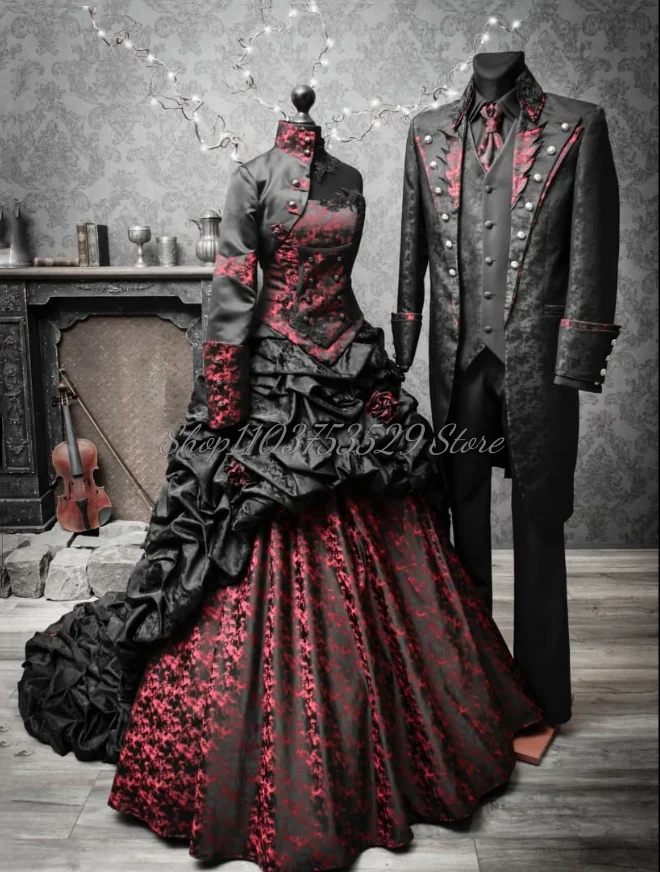 Burgundowa sukienka na studniówkę z jednym rękawem w stylu vintage gotyckie wiktoriańskie plisowane poncho Steampunk aplikacja Vestidos De Fiesta Elegantes