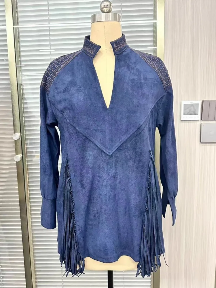 Mini abito con nappe con stampa vintage alla moda Abito casual da donna con scollo a V e tasca a trapezio Abito Boho a vita alta a maniche lunghe autunno inverno