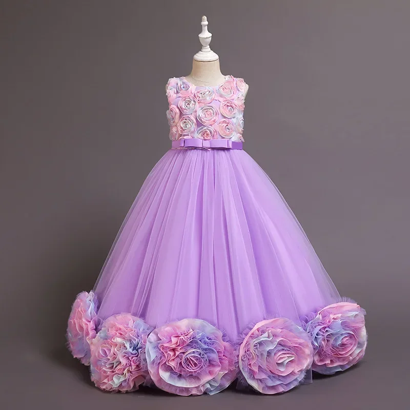 Kid Sleeveless Floral Applique Bodice Dress Two Tone Flowers Full Tulle Ball Gown Children Skirt Gradient Floral Hem Girl Gown