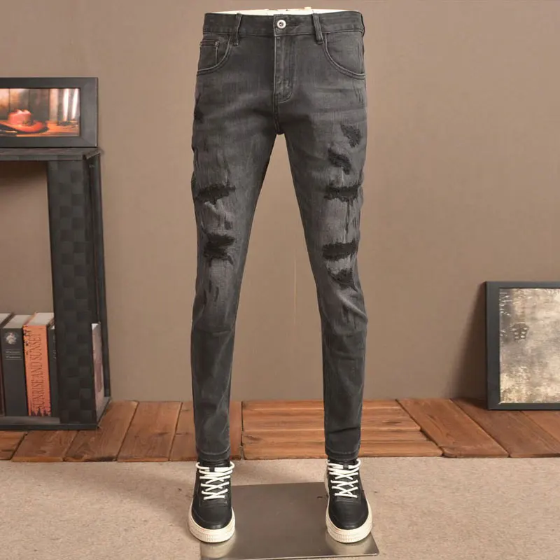 Fashion Streetwear Men Jeans Retro Washed Blue Elastic Slim Fit Ripped Jeans Men Vintage Designer Casual Denim Pants Hombre