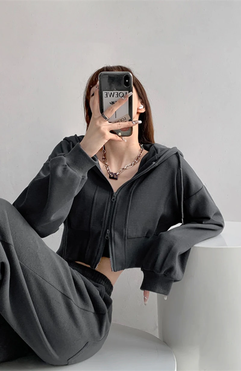 Women Cropped Hoodie Two Way Zipper Jacket Drawstring Hem Sweatshirt Slim Fit Long Sleeve Grey Athletic Yoga Gym Running Top