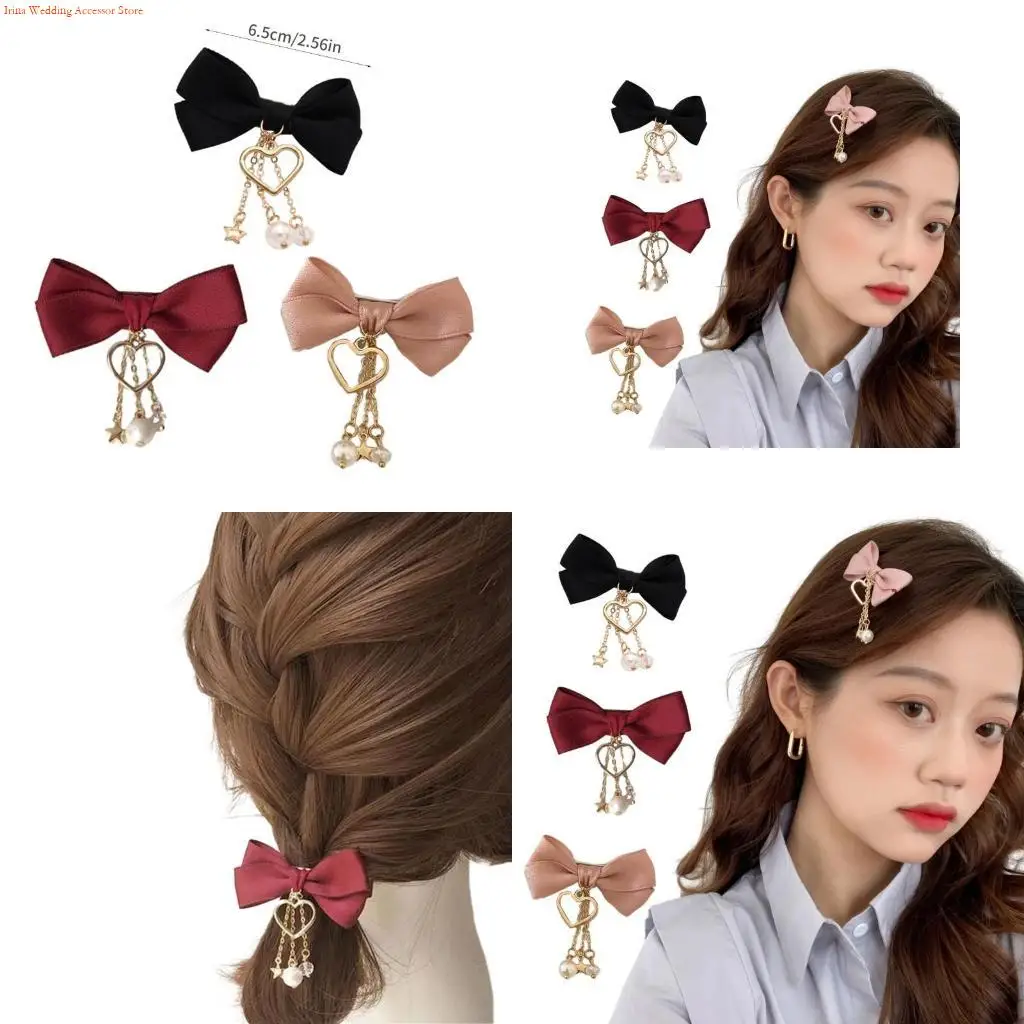

G92D Elegant Bow Y2K-Style Balletcore Tassels Hair Clip Flat Clips Balletcore Hairpin Bow Heart Hair Clip for Bunches