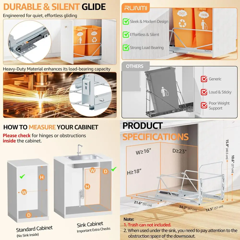 

35L Dual-Mode Soft-Close Trash Bin Kit for Under-Sink Mount, Fits 16W x 23D Cabinets, Trash Can Not Included