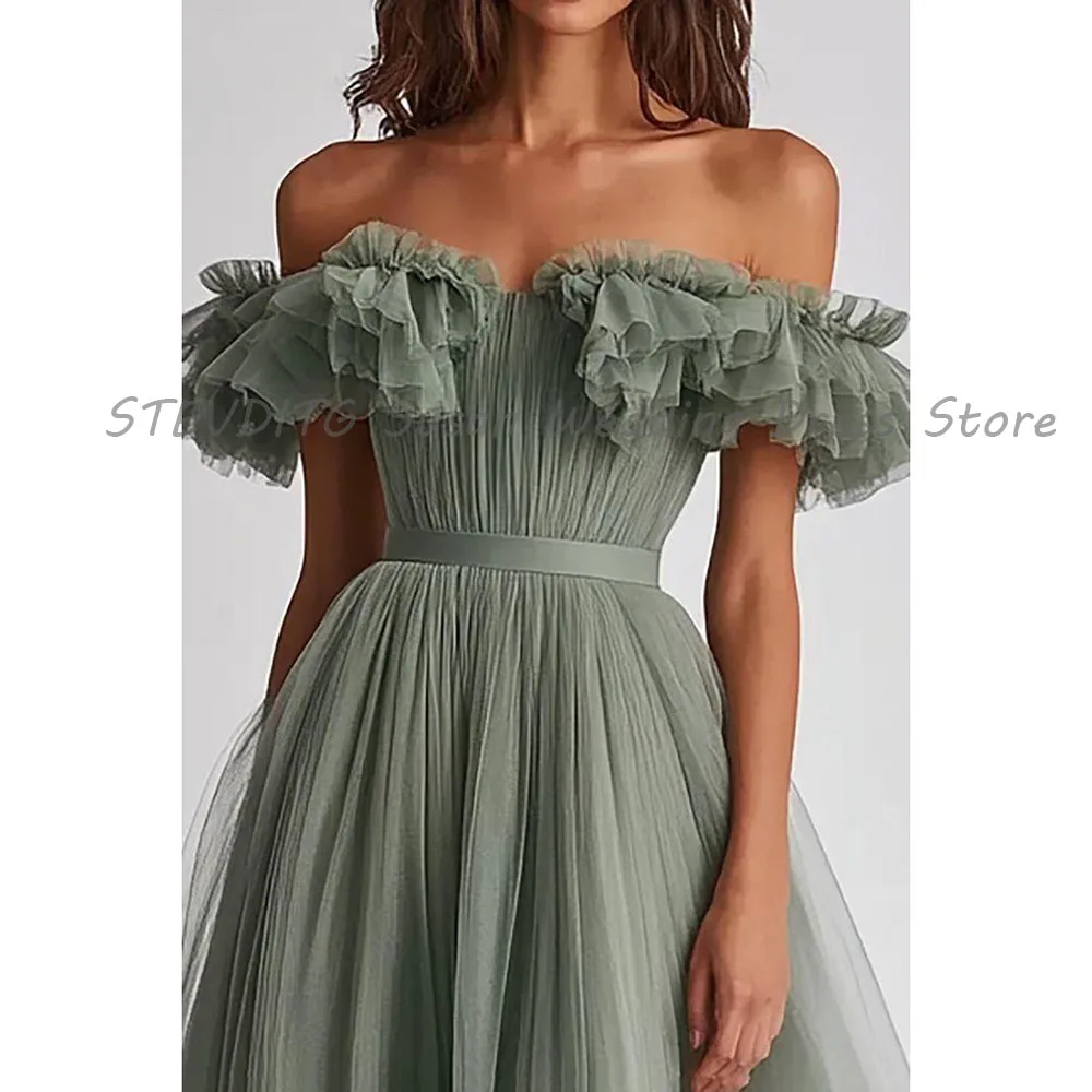 Green Evening Dresses Off The Shoulder A Line Short Sleeves High Quality Floor Length Banquet Celebrity Prom Party Gowns Female