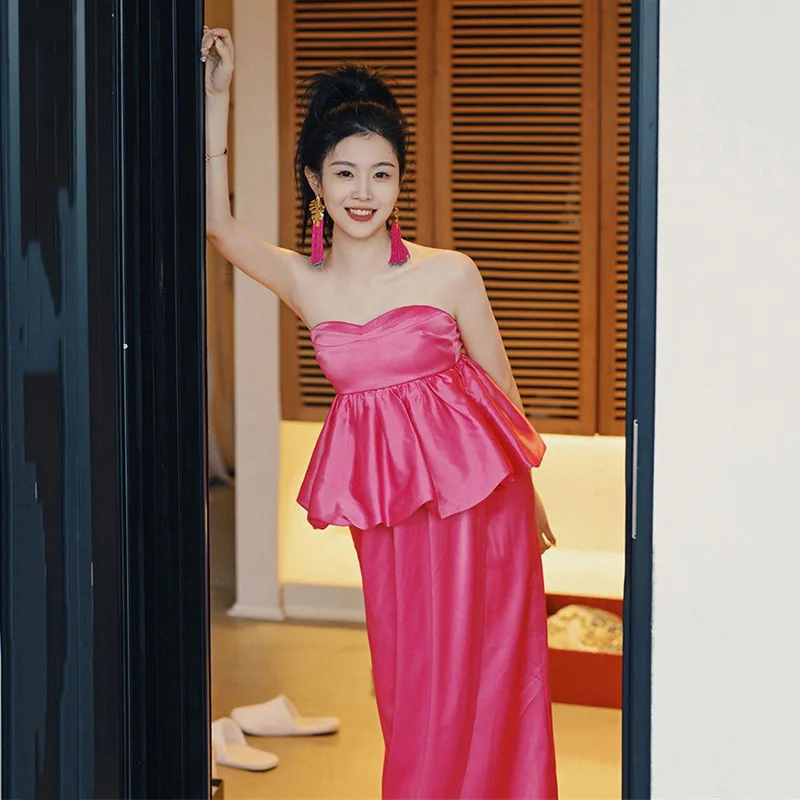 

Tube Top Morning Gowns Bridal Wedding Toast Dress Rose Red off-the-Shoulder Elegant National Style