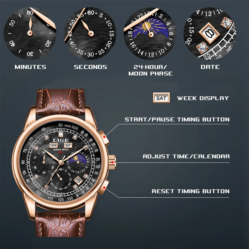 

Мужские часы LIGE 2026: Роскошные, модные, деловые кварцевые наручные часы, водонепроницаемые, многофункциональные, с датой, подарок для мужчин