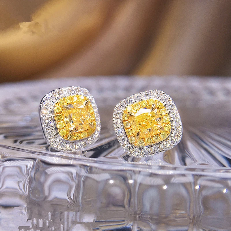 Stud Earrings For Women 925 Silver Needle 7*7mm Yellow Cubic Zirconia Square Wedding Fine Jewelry Party Accessories CCE684