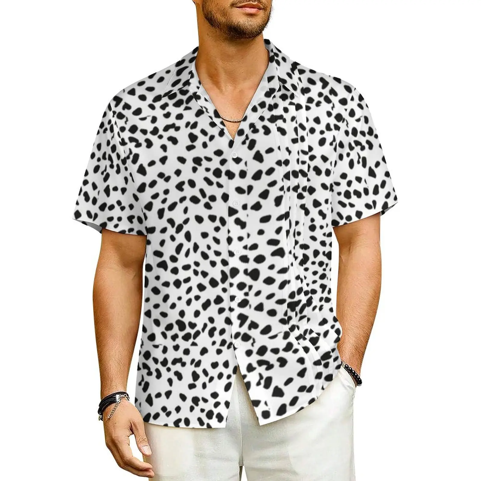 

Dalmation Print Beach Shirt Men Black Polka Dots Vintage Casual Shirts Hawaii Short-Sleeved Comfortable Print Plus Size Blouses