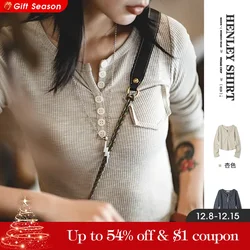 Maden Camiseta vintage estilo henley de manga longa para mulher blusa básica de malha ajustada de outono camiseta cinza escura suéter camiseta de gola redonda bege