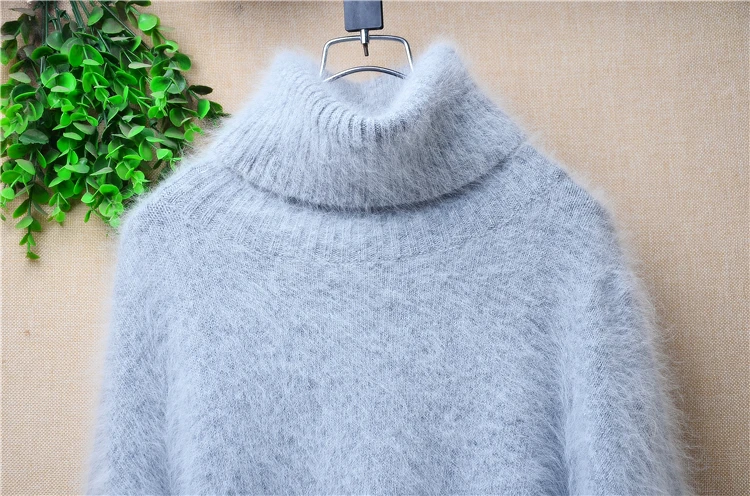 Women Mujer Autumn Winter Clothing Grey Hairy Angora Rabbit Hair Knitetd Long Sleeves Split Loose Turtleneck Pullover Sweater