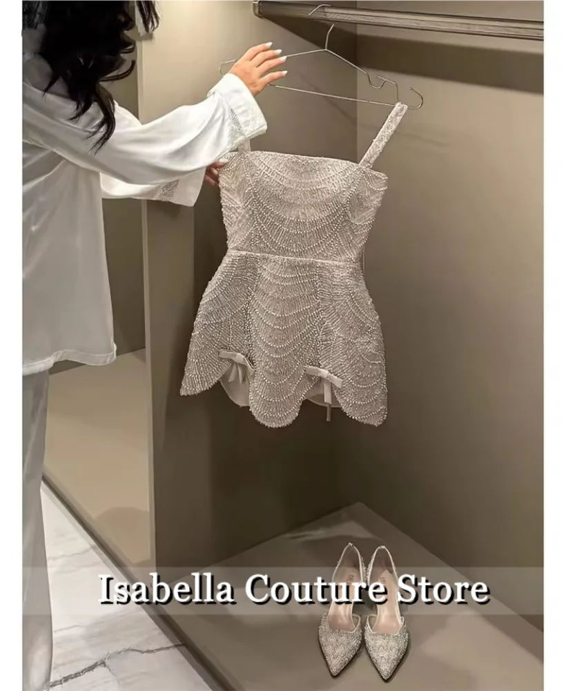 

New Customized Glitter Beading A-Line Sleeveless Wedding Dress Sexy Mini vestidos de noche Spaghetti Strap Formal Evening2025