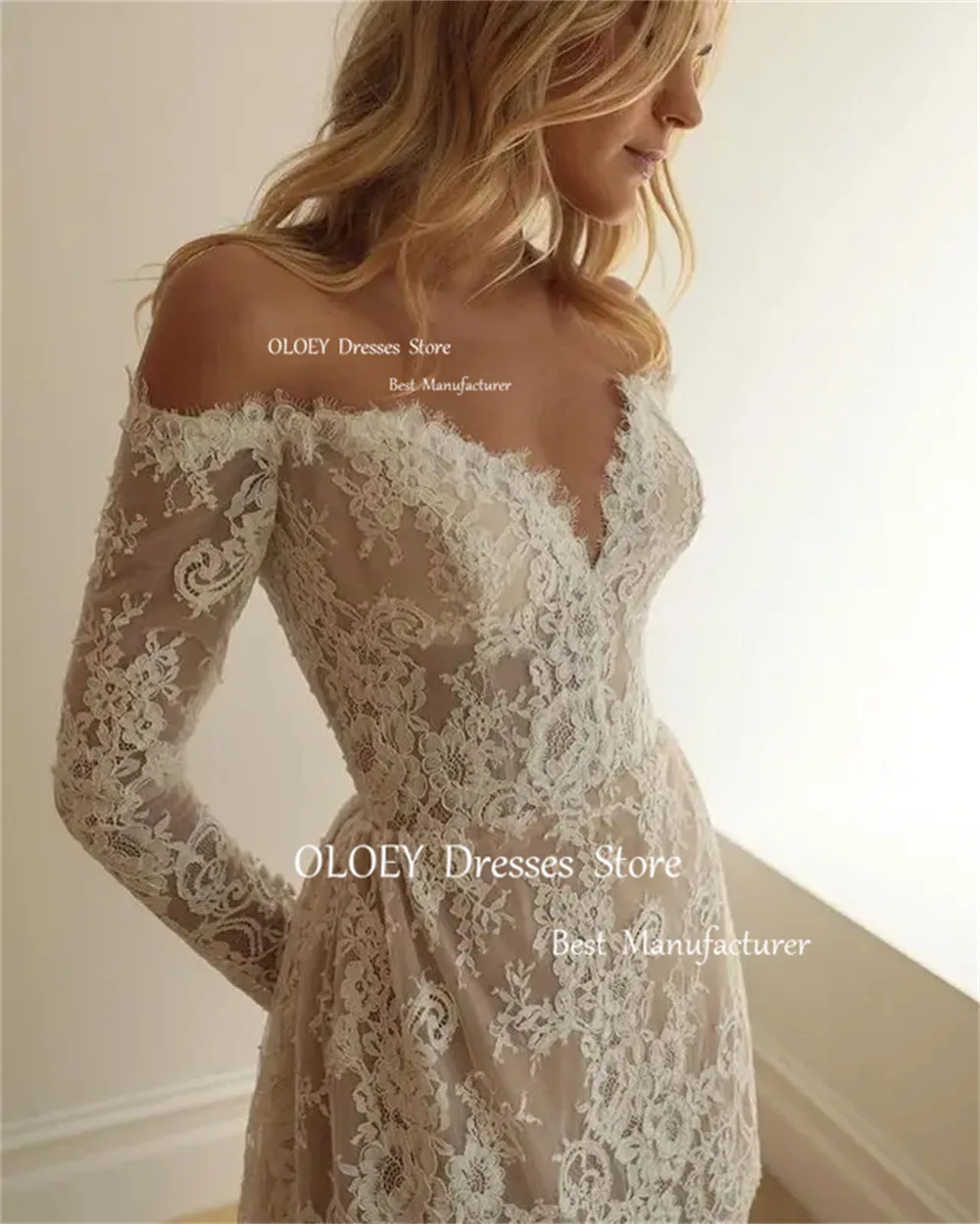 OLOEY Off Shoulder Short Wedding Dress 2024 Sweetheart Long Sleeves Lace Customized Boho Bridal Gowns Elegant A Line Party Dress