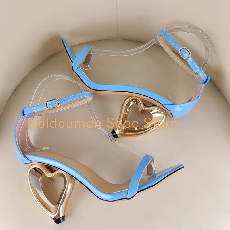 

Glossy Patent Leather Sexy Thin Strap Sandals Strange Style Heart-Shaped Heel Ankle Strap Buckle Sandals Evening Ball Gown Shoes