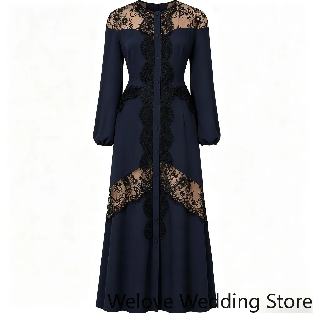 Navy Blue Maxi Dress Featuring Long Puff Sleeves, Button-Front Closure, and Intricate Black Lace Panels at Neckline