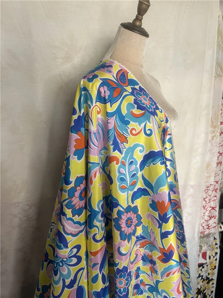 1 meter 100% Mulberry Silk 13 momme habutae habotai Silk Fabric Yellow Floral Printed 110cm 44\