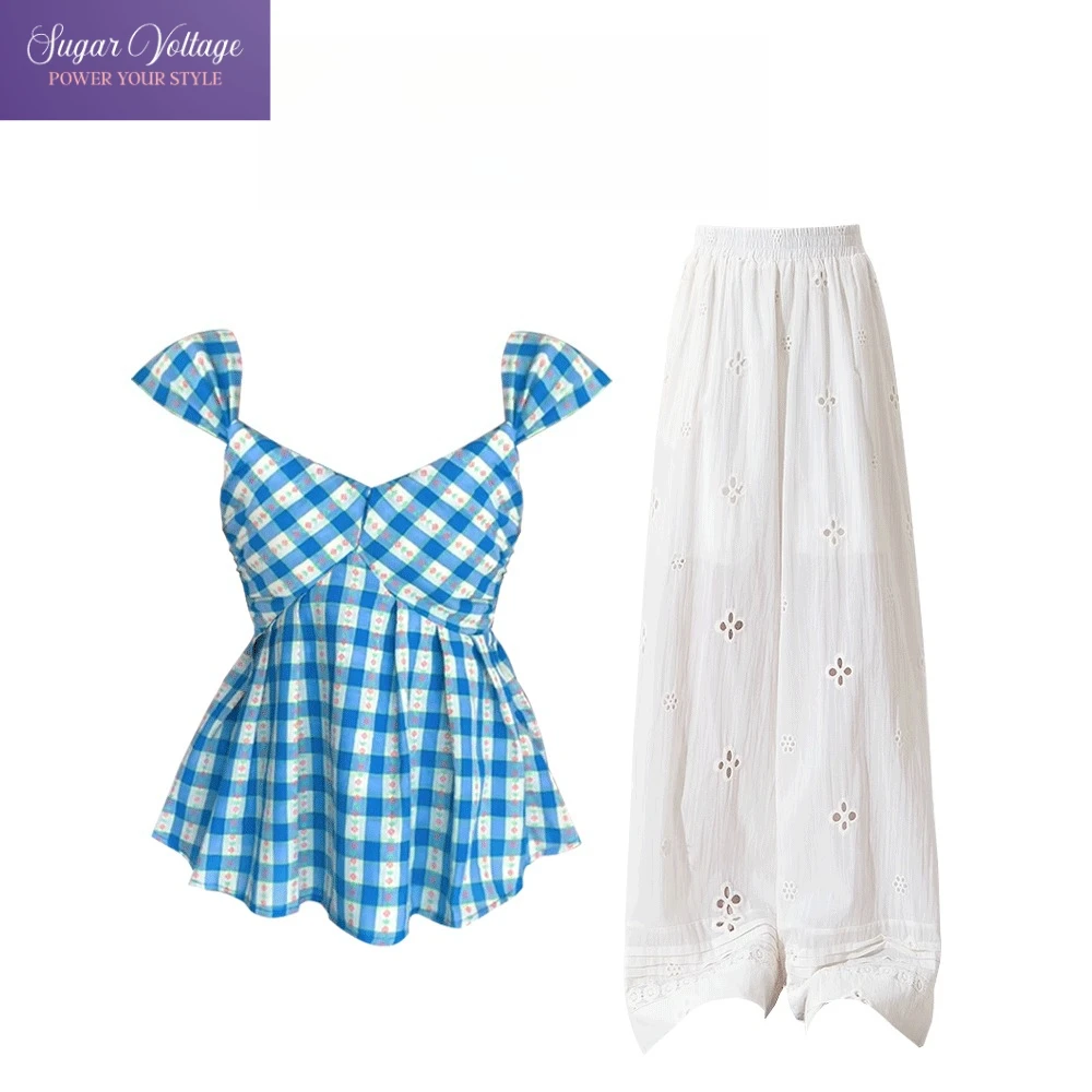 

Summer Cute Two Piece Outfit Women Chic Ruffle Trim Blue Plaid Tops and Floral Embroidery Wide Leg Pants Korean Sweet Sets New