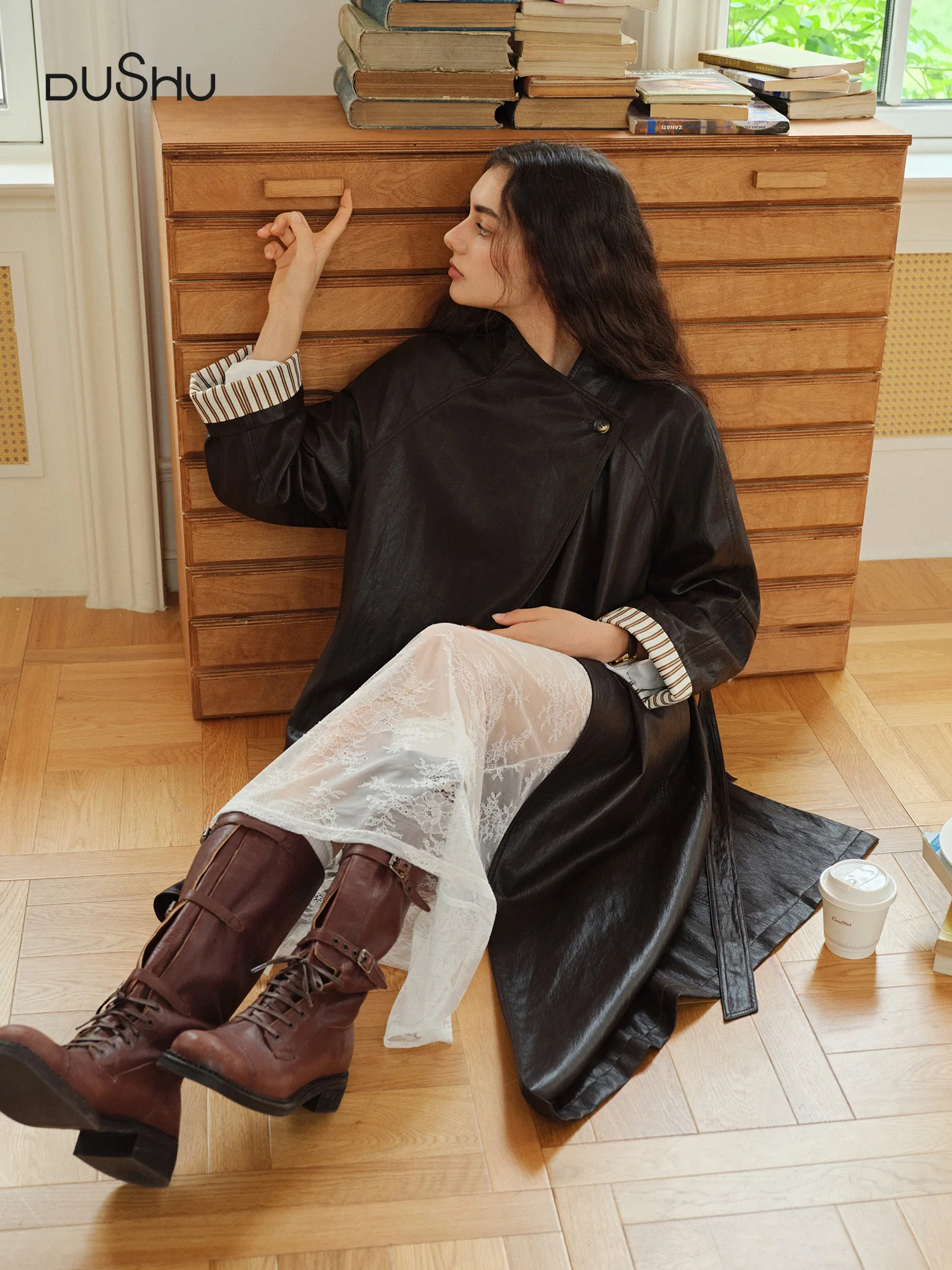 

DUSHU Plus Size Women's [COCO MOUSSE] Protein Leather Stand-Up Collar Long Overcoat 2025 Autumn Stylish Leather Jacket