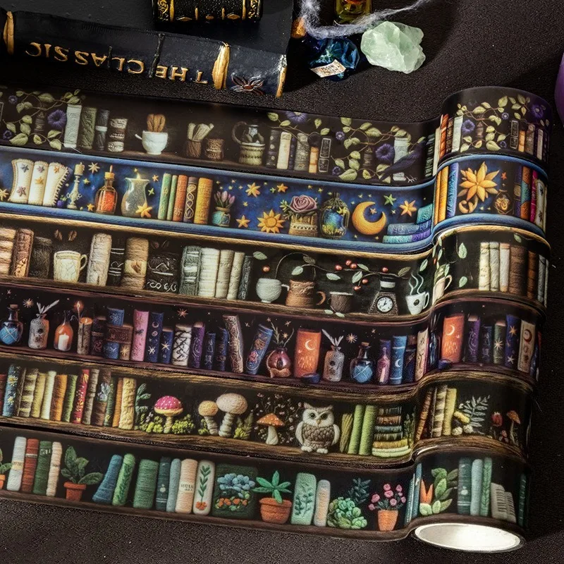 6 retro PET material magic bookcase themed waterproof self-adhesive DIY planner decoration scrapbook material reusable stickers