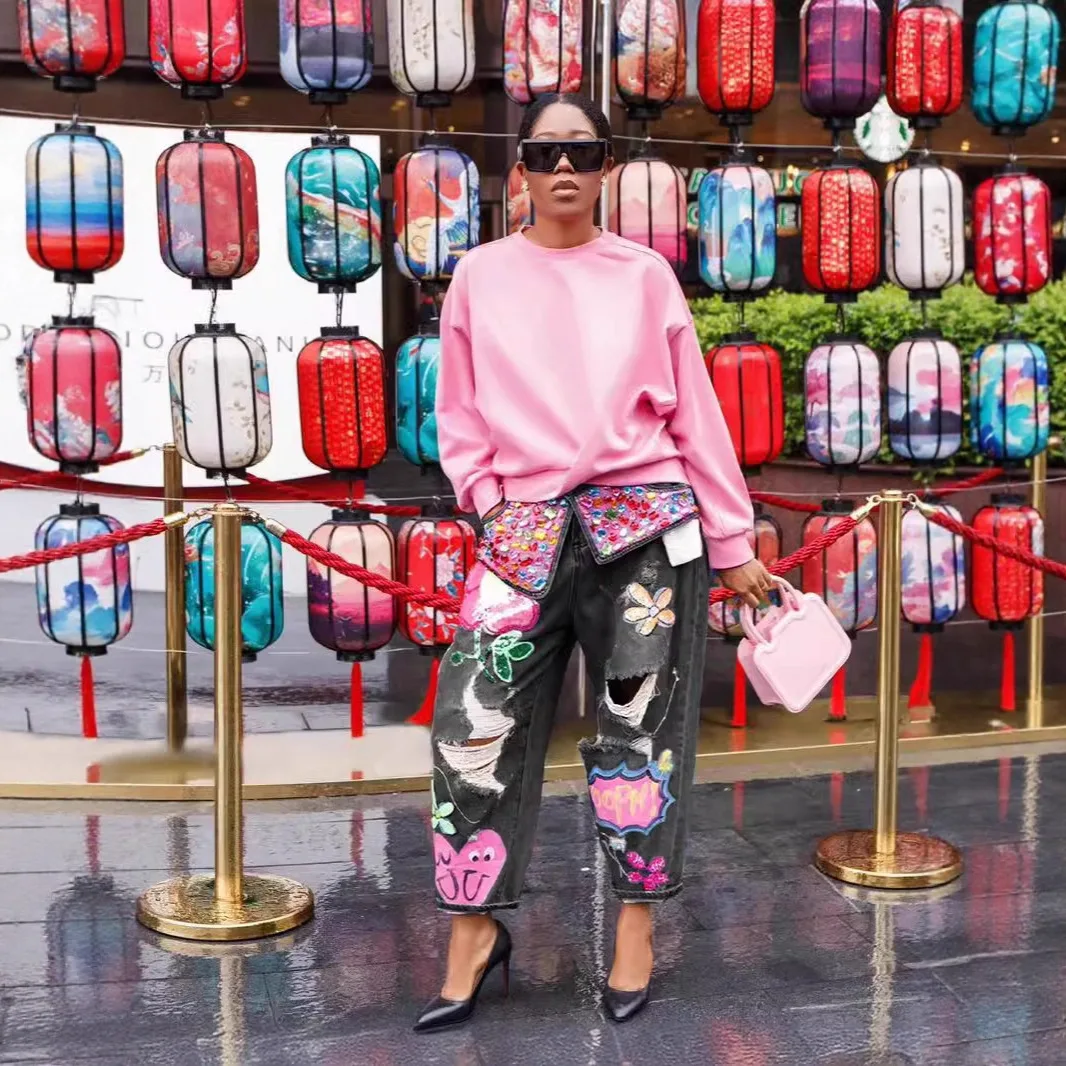 여성 가을 겨울 패션 라인스톤 프린트 찢어진 청바지 바지