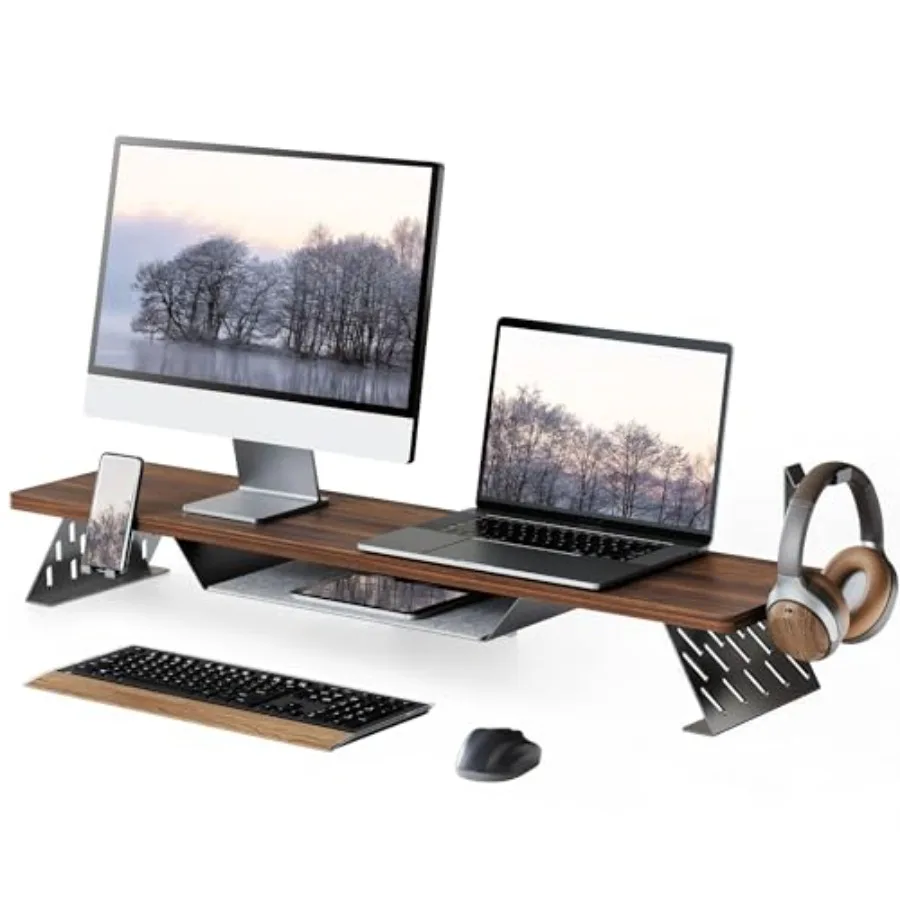 Dual Monitor Stand 42.5 Inch Monitor Riser for Desk Wood Desk Shelf for 2 Monitors 2 Tier Monitor Shelf with Headphone Stand Ph
